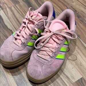 Adidas Pink Sneakers with Neon Green and Blue Accents